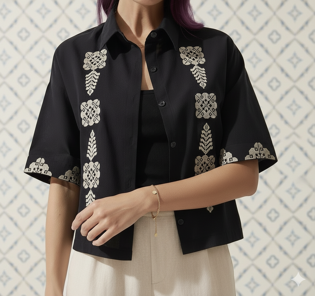 Chemise noire demi manches avec broderie beige