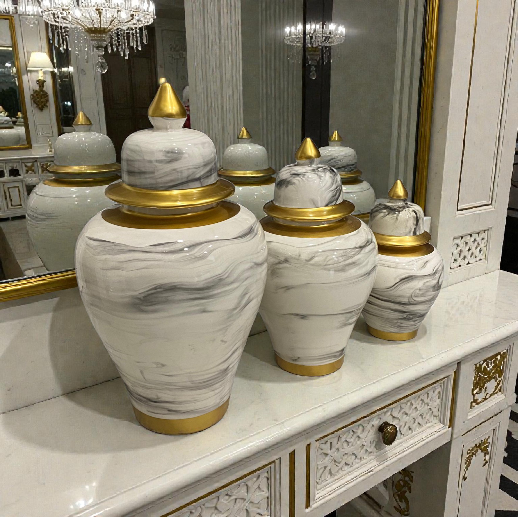 Trio vases blanc gris/doré