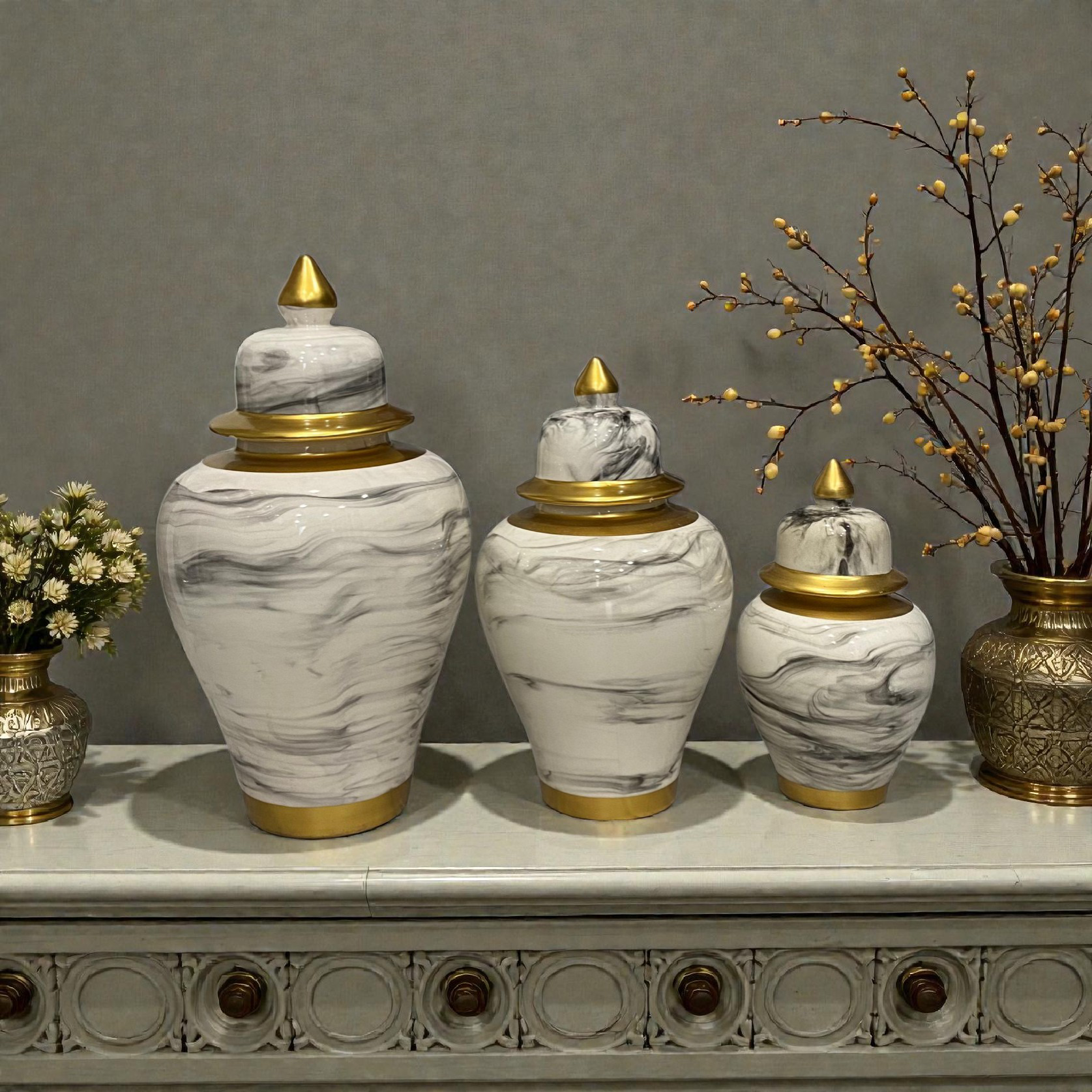 Trio vases blanc gris/doré