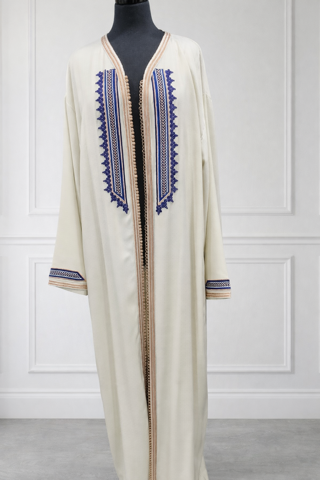 Kimono long en lin blanc cassé – design bleu