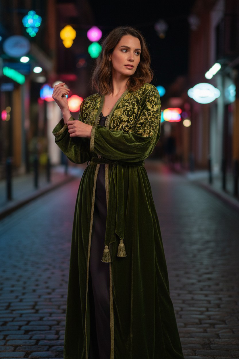 Kimono velours vert long brodé + ceinture