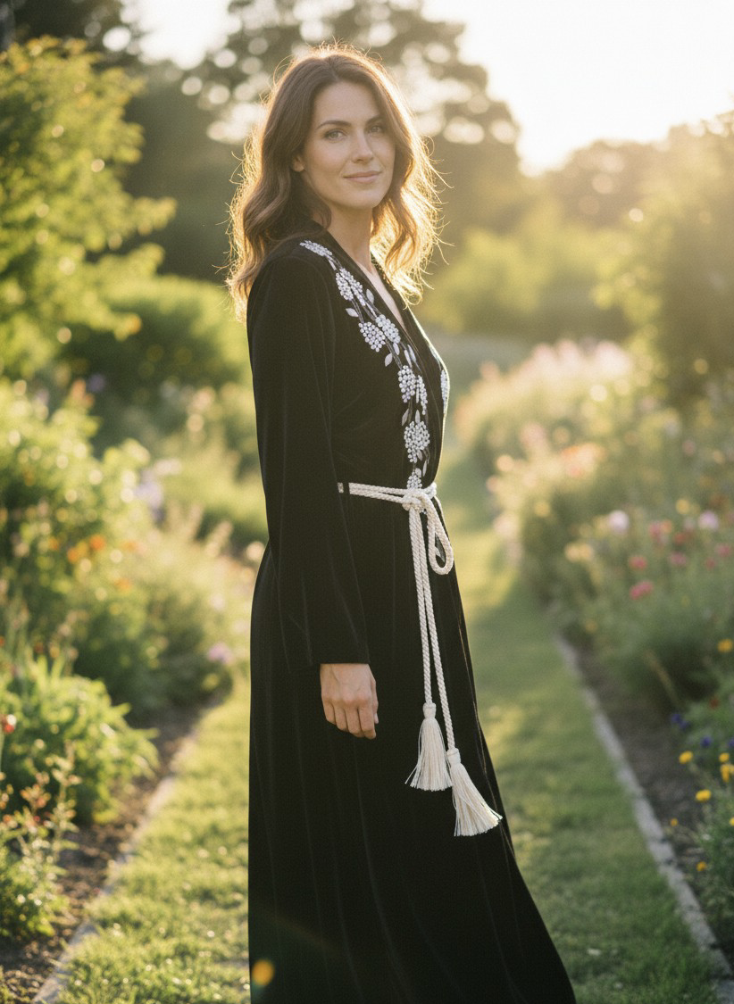 Kimono velours noir long – broderie fleurs blanches