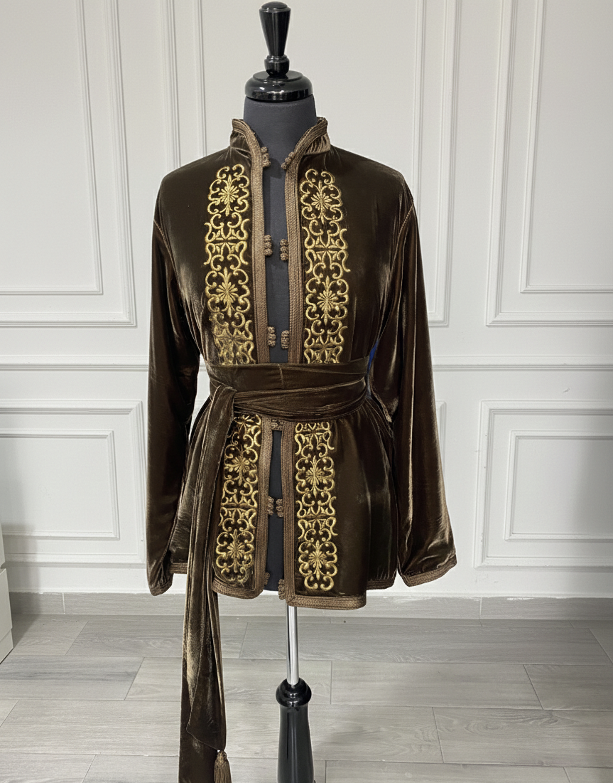 Kimono court velours marron brodé doré + ceinture