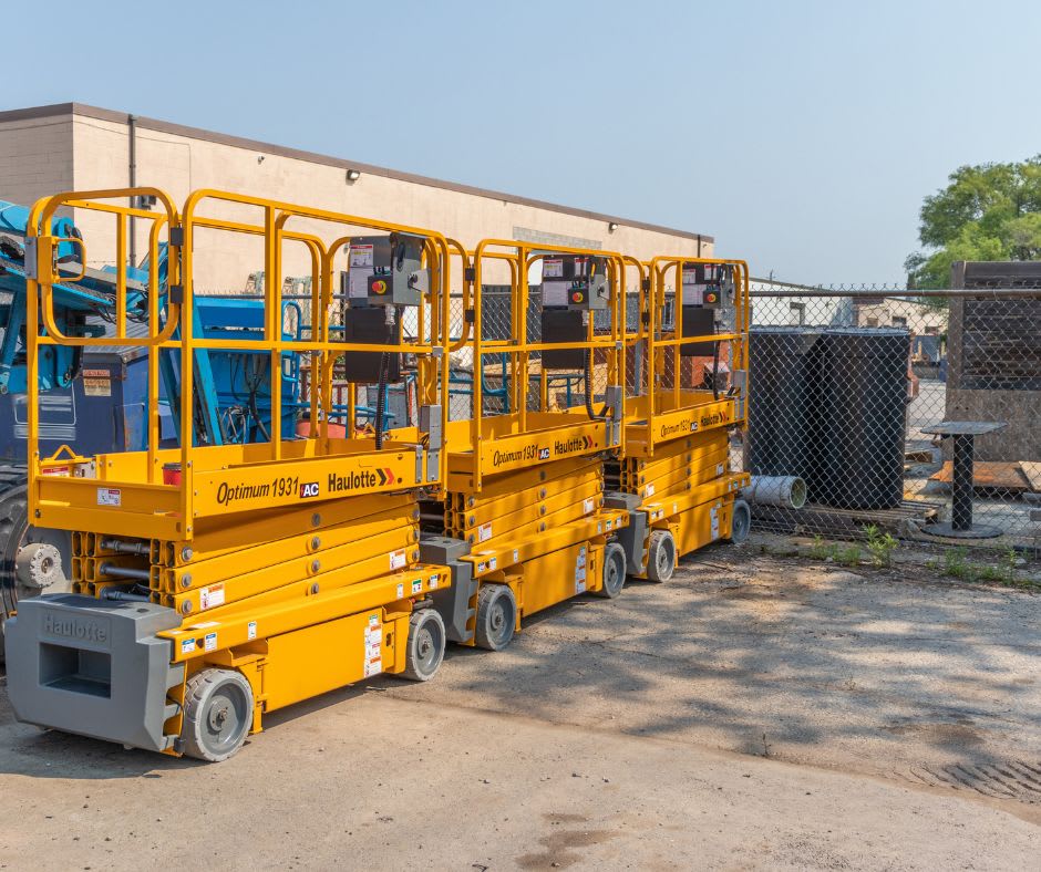 Haulotte electric scissor lifts on a rental yard