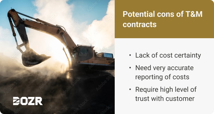 cons of t&amp;m contracts include the lack of cost certainty, the need for very accurate financial reporting, and a high level of trust with the customer