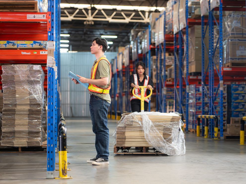 pallet jack pushing loaded pallet in a warehouse