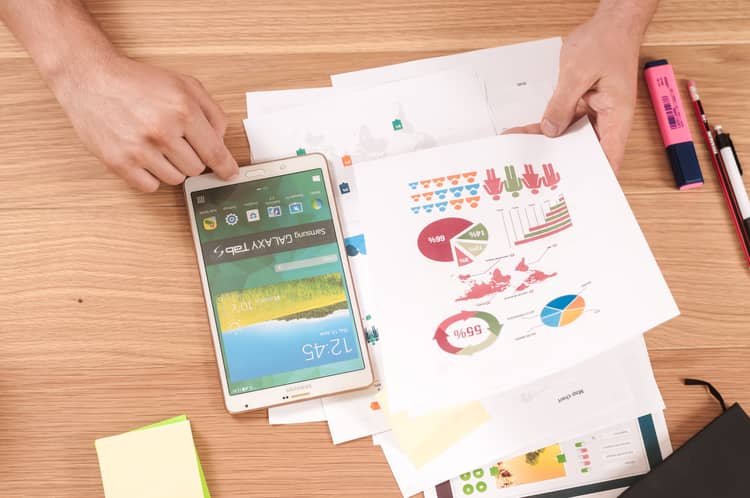 Tablet and Pie charts on Table