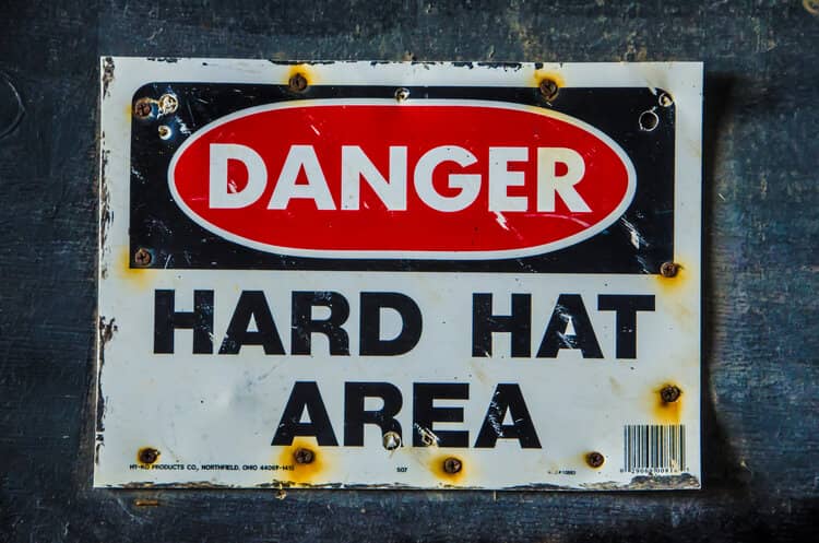 Sign Reads: &quot;DANGER: Hard Hat Area&quot;