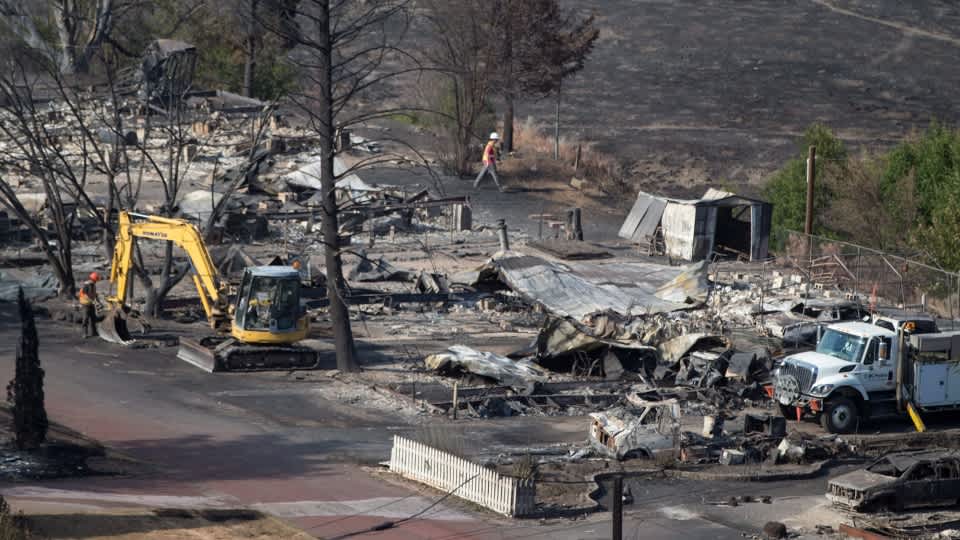 Excavator demoing burnt down buildlings