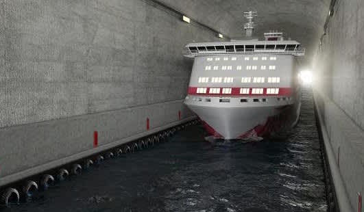 A computer rendering of s ship going through the stad ship tunnel