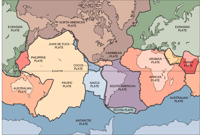 tectonic plates outlined on a map of the world