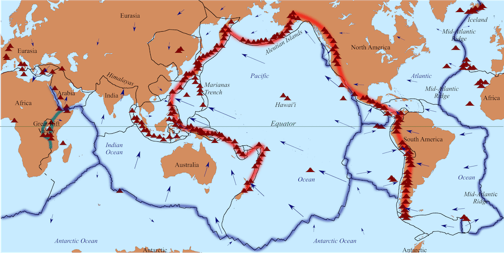 ring of fire with the tectonic plates outlines