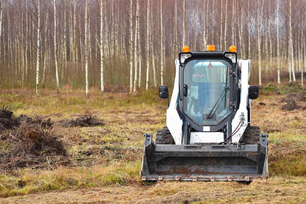 Skid steer parked in front of a row of trees