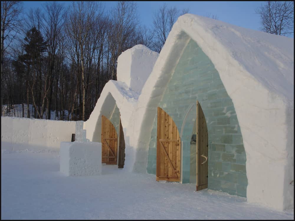 Quebec ice hotel door entrance with ice front and snow arch ways