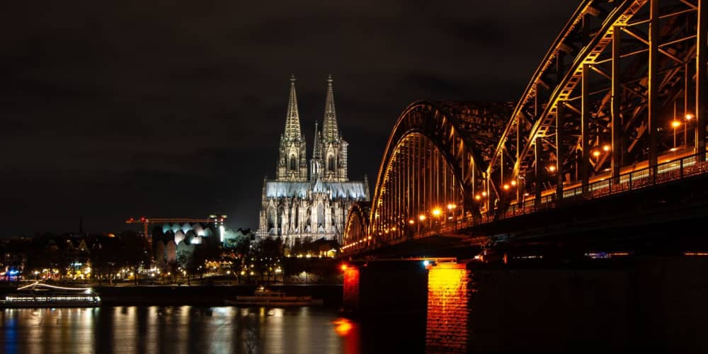 Skyline night view of the Cologne Cathedral in Germany