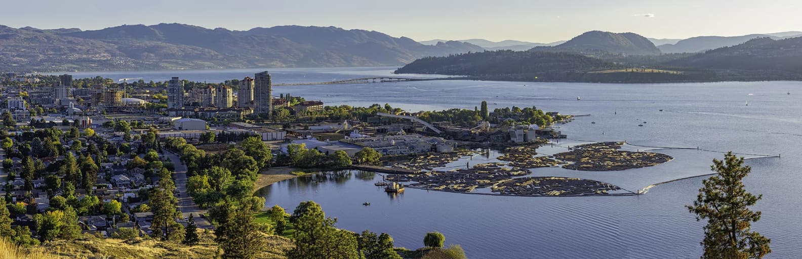 Aerial photo of Kelowna BC and it's rivers and mountains