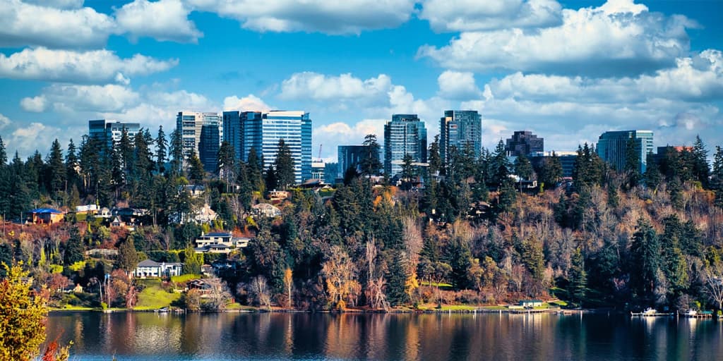 Skyline view of Bellevue, Washington with the surrounding lake