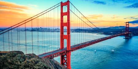 the golden gate bridge in san francisco california on a sunny day with blue sky