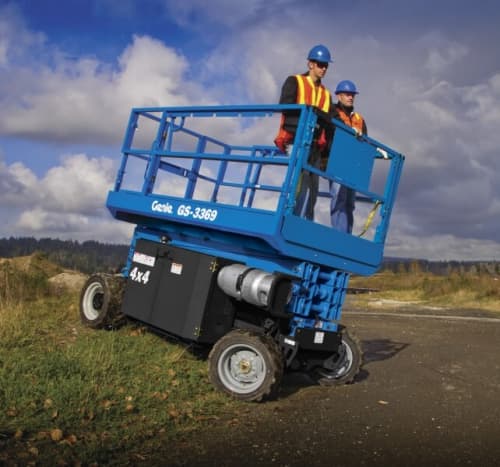 Rough terrain scissor lift driving over grass