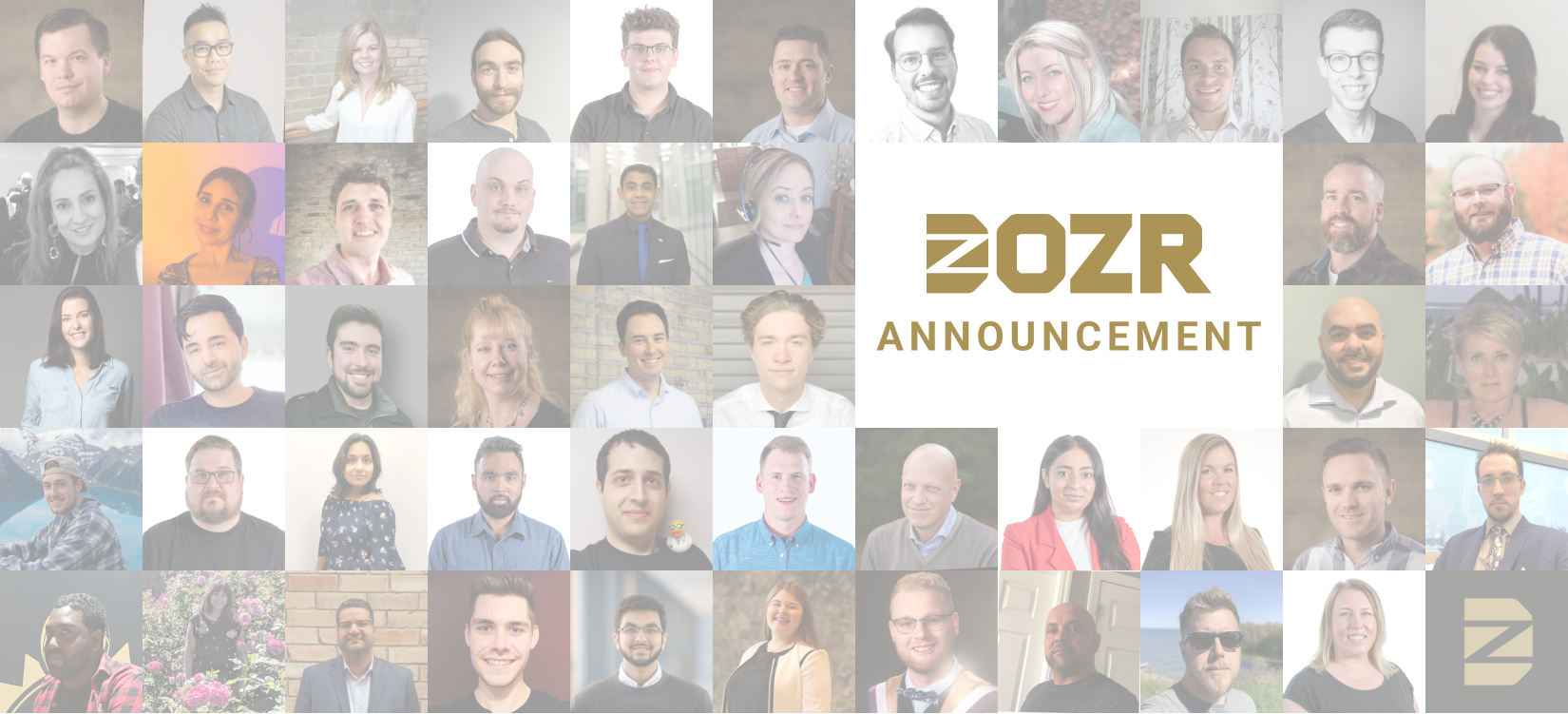 DOZR Team Photo - Individual photos of each team member with the text "DOZR announcement" overlayed