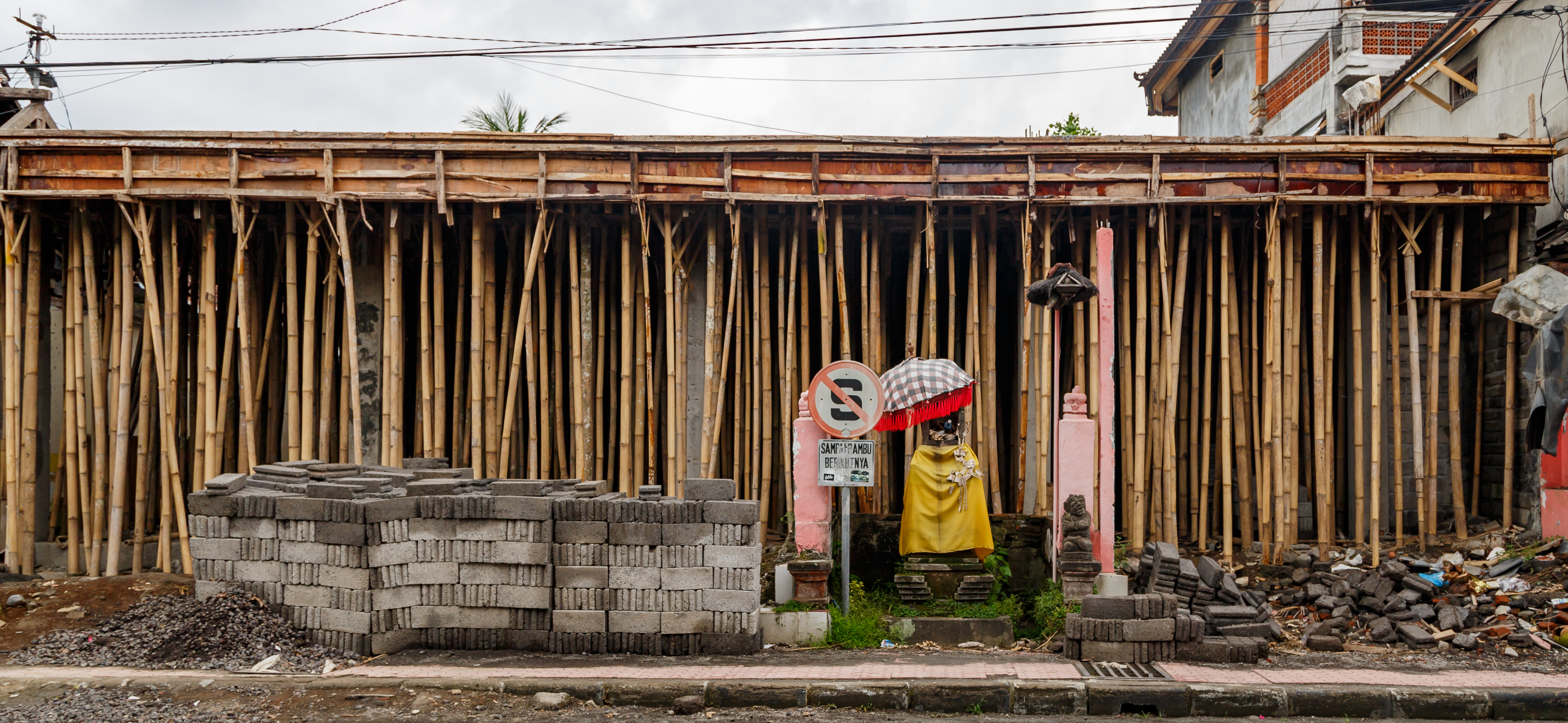 Construction site in Bali with bamboo scaffolding