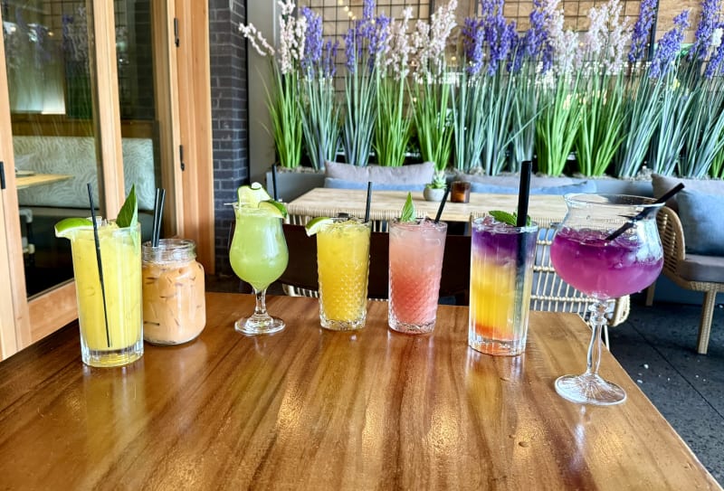 Colorful non-alcoholic Tande drinks for puppy yoga guests