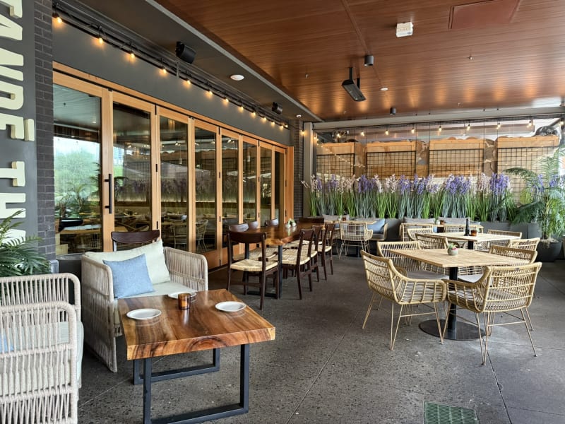 Tande patio across from Downward Dog Puppy Yoga at Grandscape