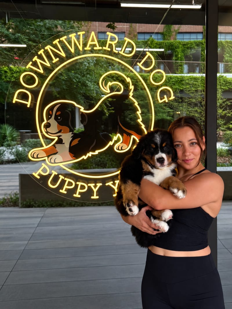 Guest holding a Bernese Mountain Dog puppy beside the Downward Dog Puppy Yoga sign at Grandscape