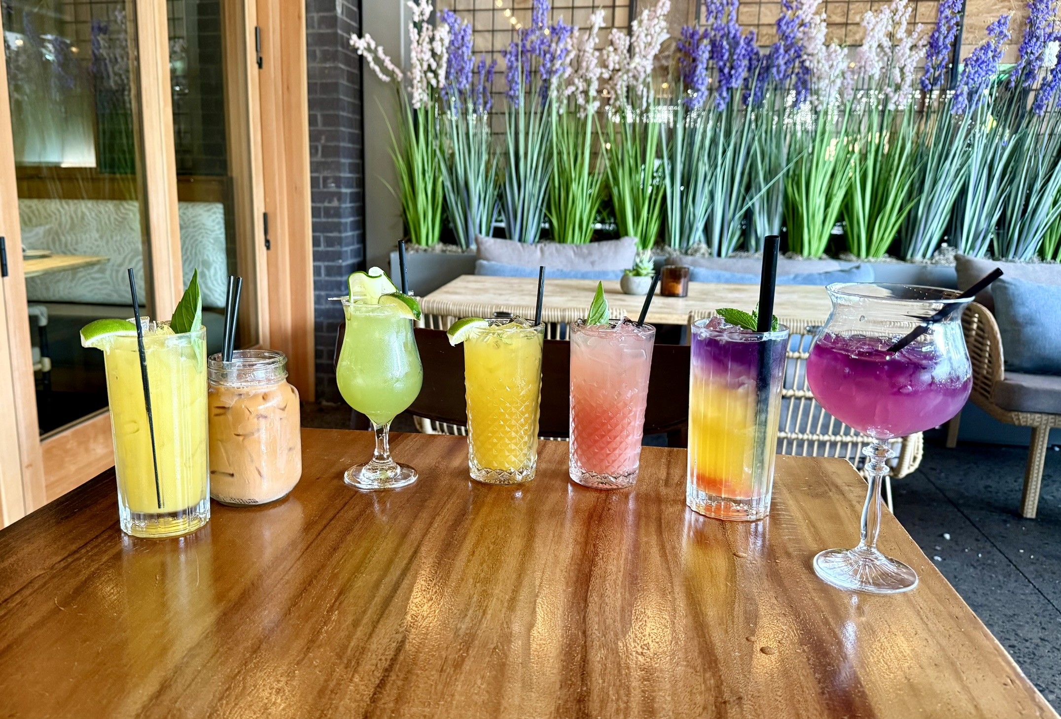 Colorful non-alcoholic Tande Thai drinks for puppy yoga guests