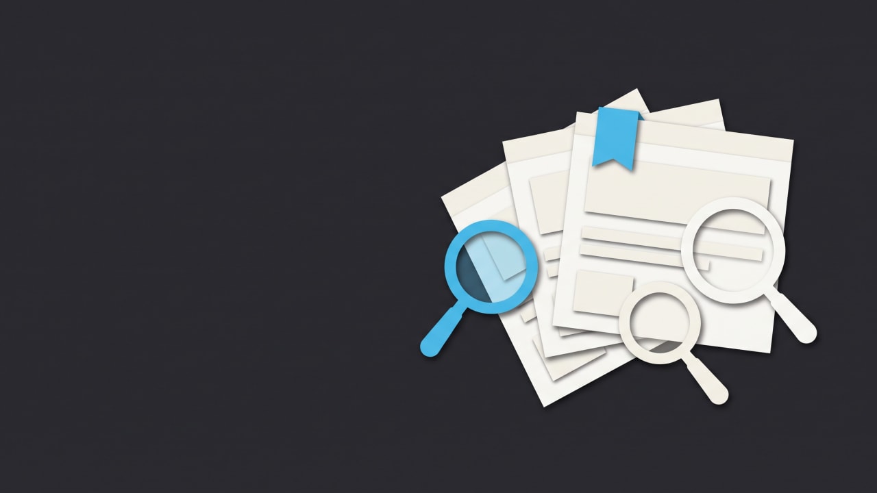Paper-cut illustration on a charcoal background: three off-white web pages fanned like cards on the right, three magnifying glasses over them, one blue, and a blue bookmark on the front page, showing assistants searching pages and picking one.