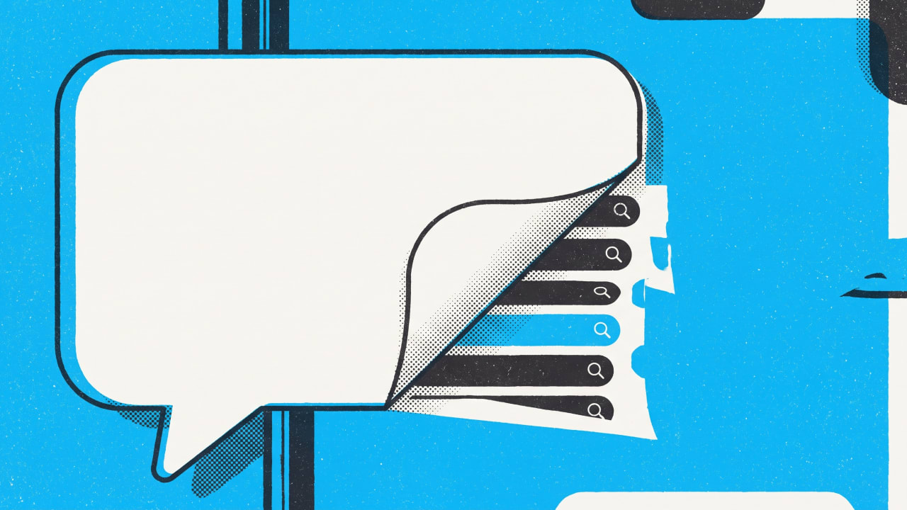 Risograph-style illustration on a sky-blue background: a large off-white speech bubble with its corner peeled back, revealing a stack of charcoal search bars underneath, one of them blue, standing for the searches hidden behind a chat answer.