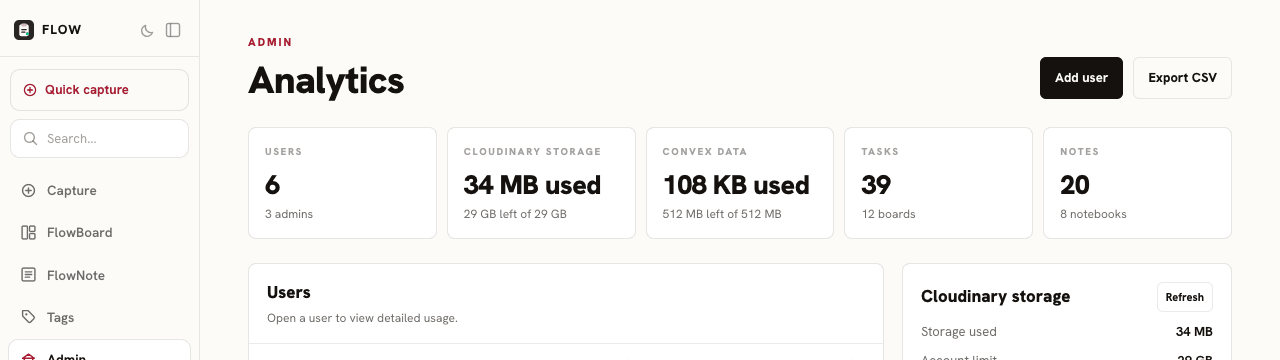 Flow admin dashboard demo account screenshot