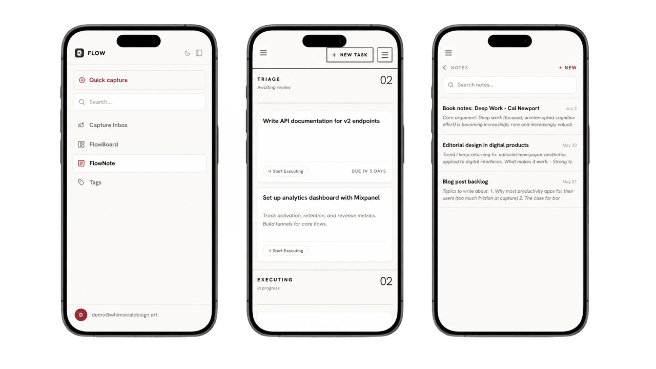 Flow productivity app shown across three iPhone screens