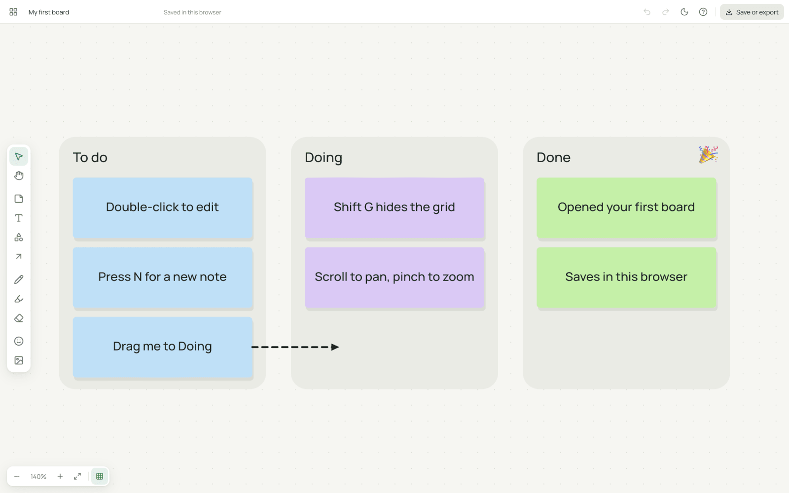 A kanban board in the canvas with To do, Doing and Done columns, pastel sticky notes and a dashed arrow.