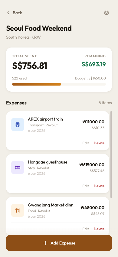 The Expenser mobile trip screen showing a Seoul budget and current expenses