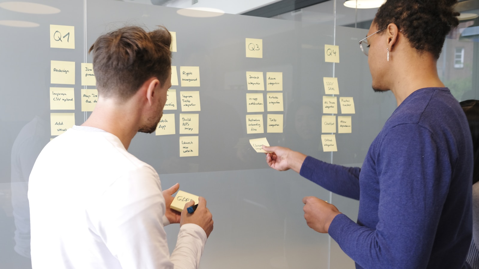 People organizing work on a wall of sticky notes