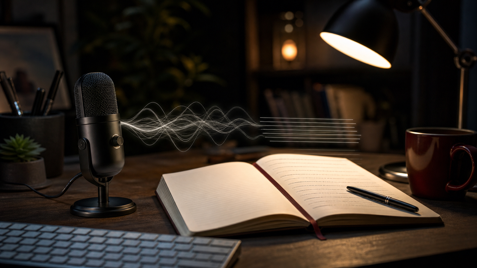 Desktop microphone beside a keyboard and notebook, representing voice dictation becoming written text
