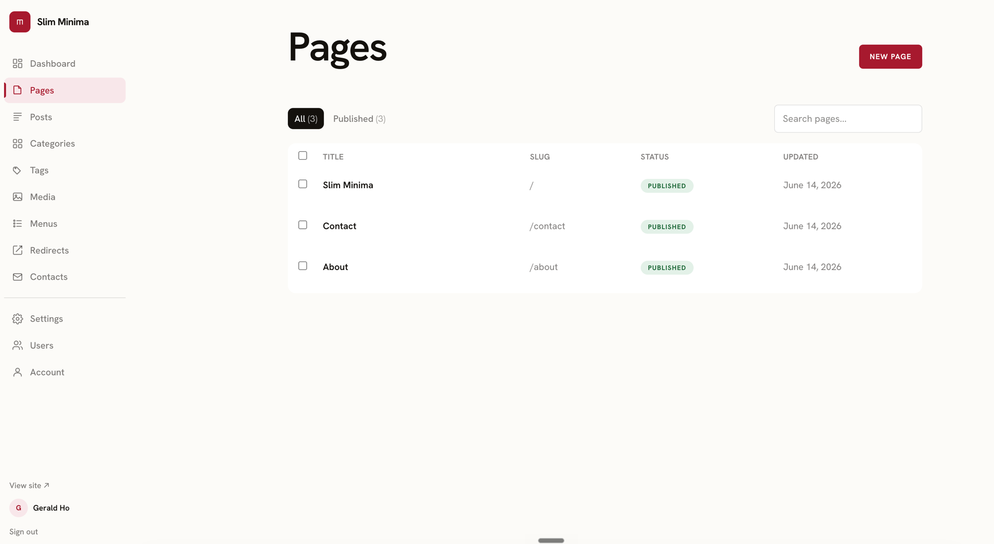 Slim Minima admin panel showing the Pages screen