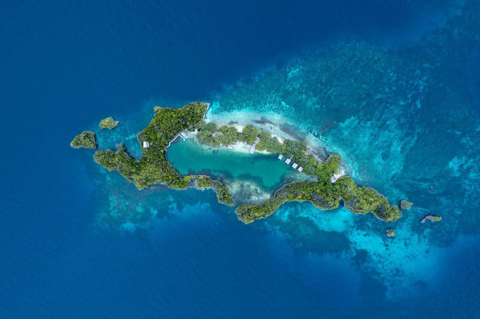 Aerial view of a small tree-covered island surrounded by turquoise ocean water