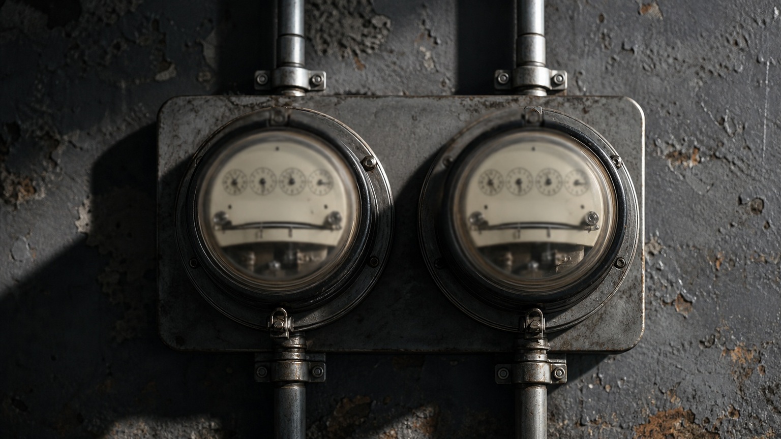 Two industrial power meters mounted side by side on a wall, representing two metered usage-based services