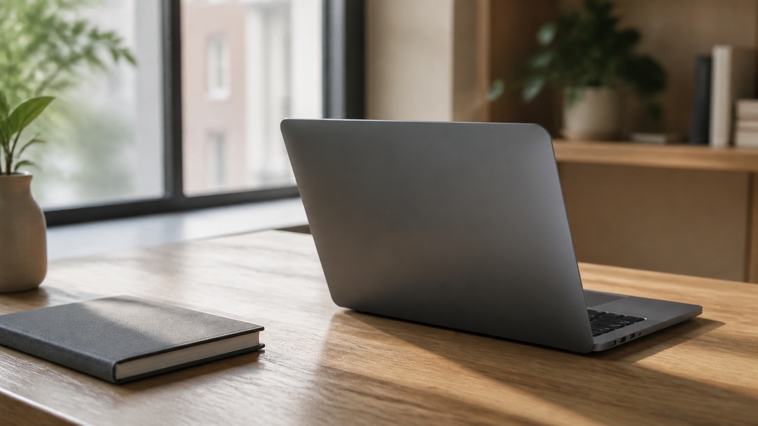 A laptop on a desk lit by daylight from a nearby window, set up for daily work