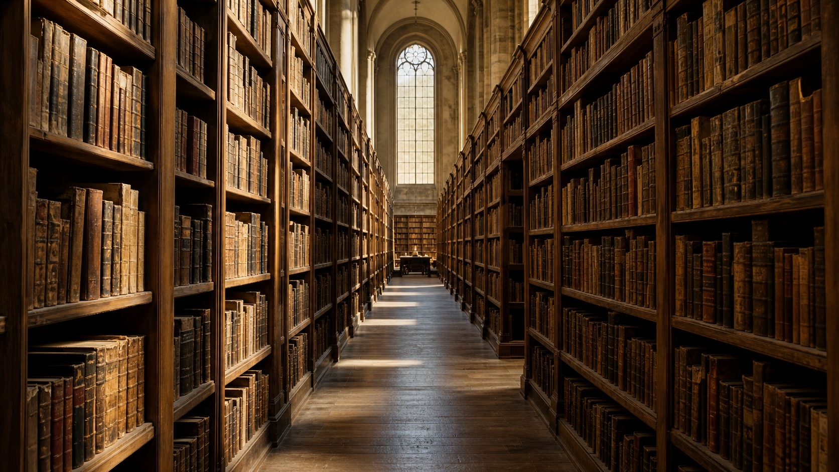 Rows of archive shelving stacked with books, representing a large indexed store of retrievable documents
