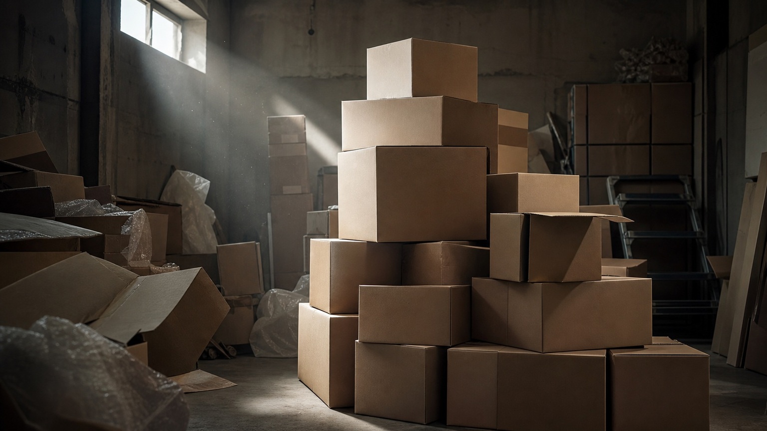 A cluttered storage room with stacked cardboard boxes, representing an unread archive of accumulated notes