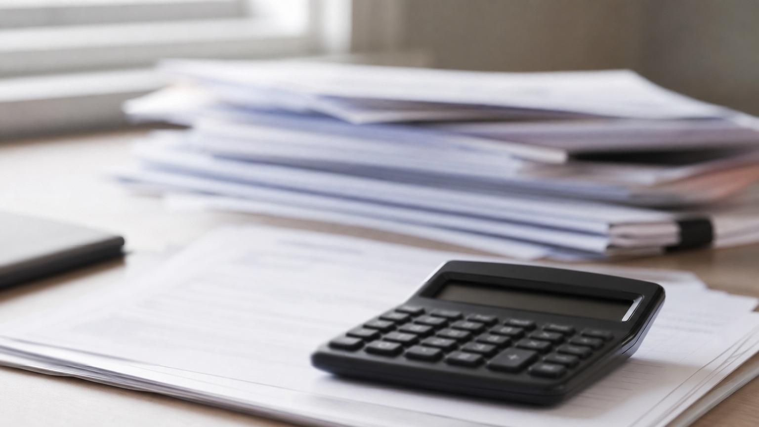 A calculator sitting on top of an invoice on a desk