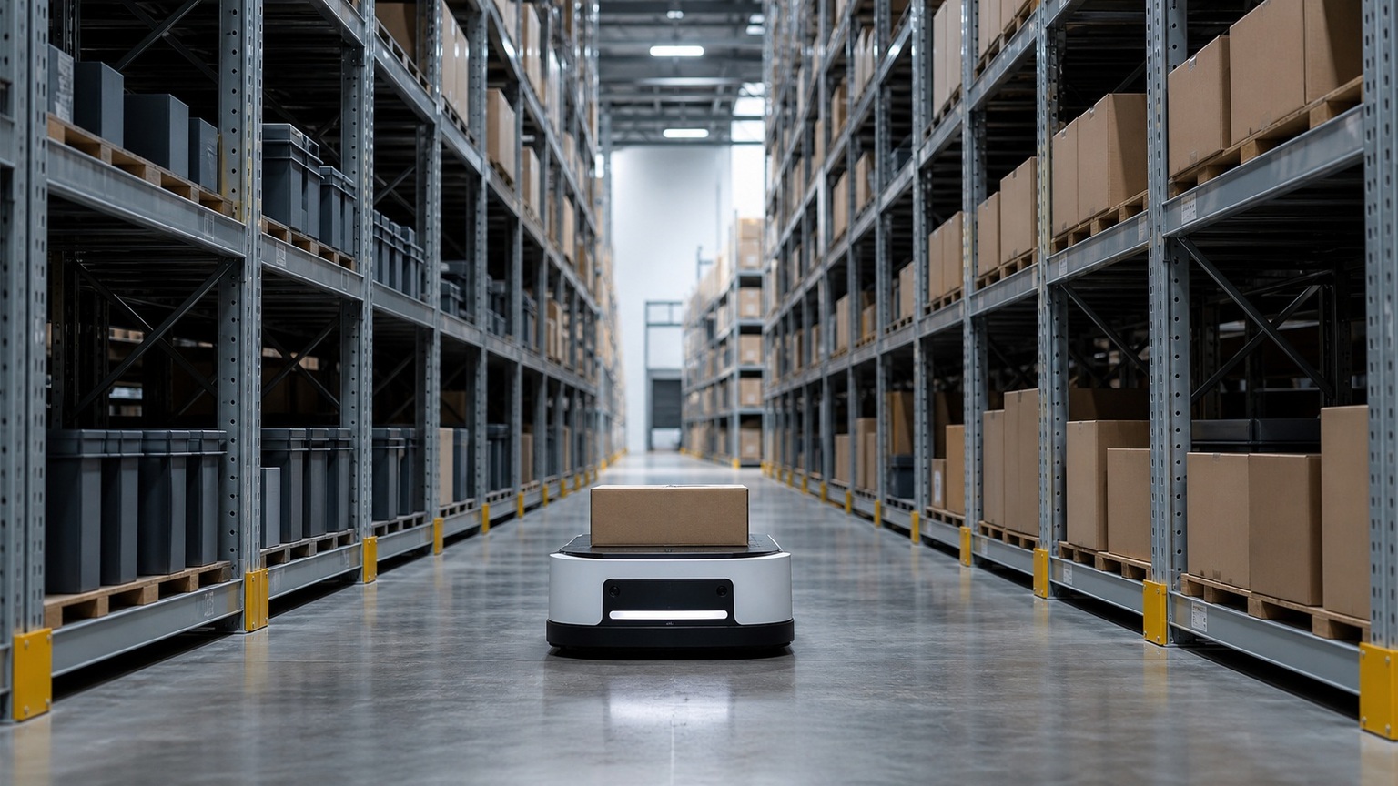 An automated warehouse with tall robotic shelving units retrieving stored items