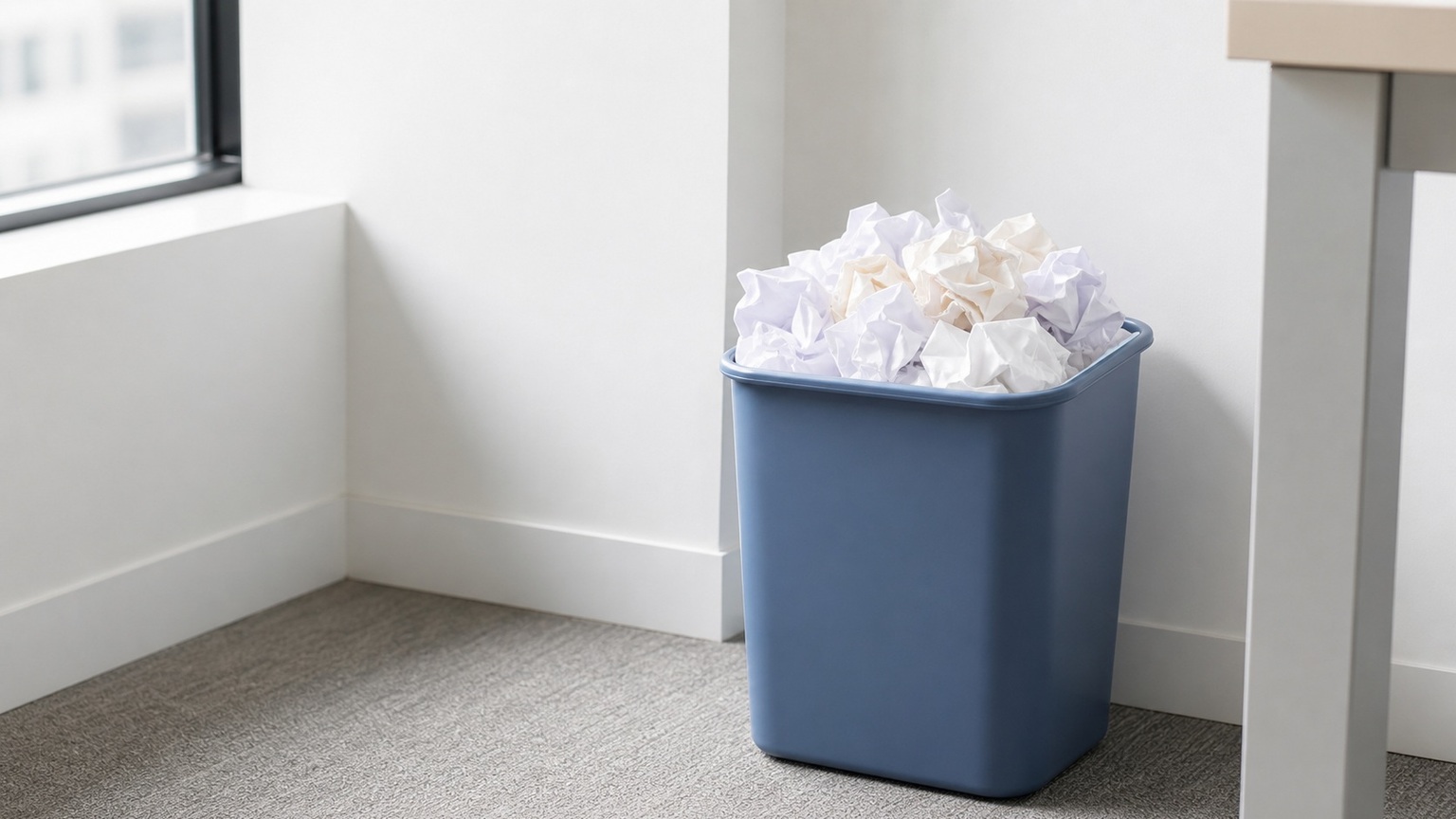 A paper recycling bin in an office, standing in for notes worth letting go of