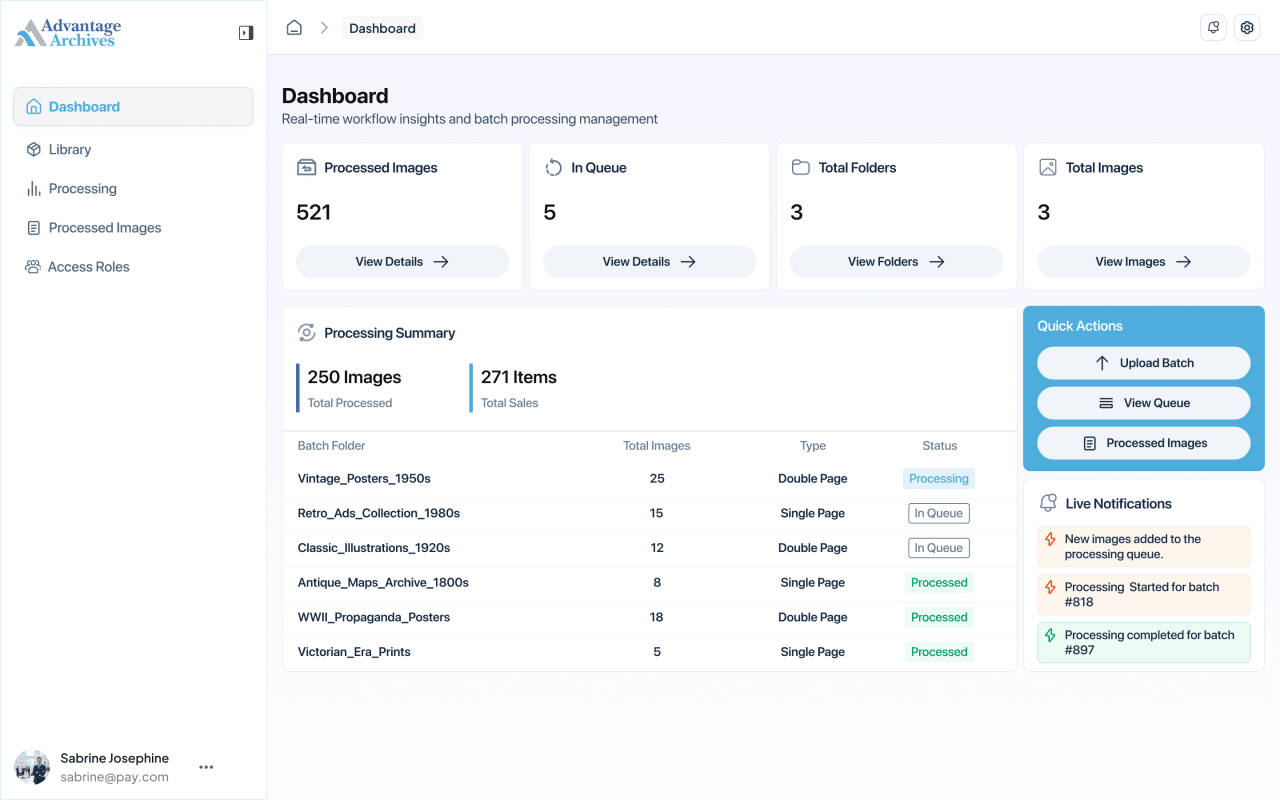 Dashboard — queue depth, batch status and live processing activity.