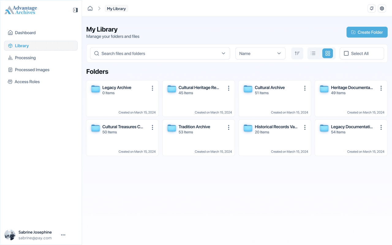 The archive library — processed collections, searchable and browsable.