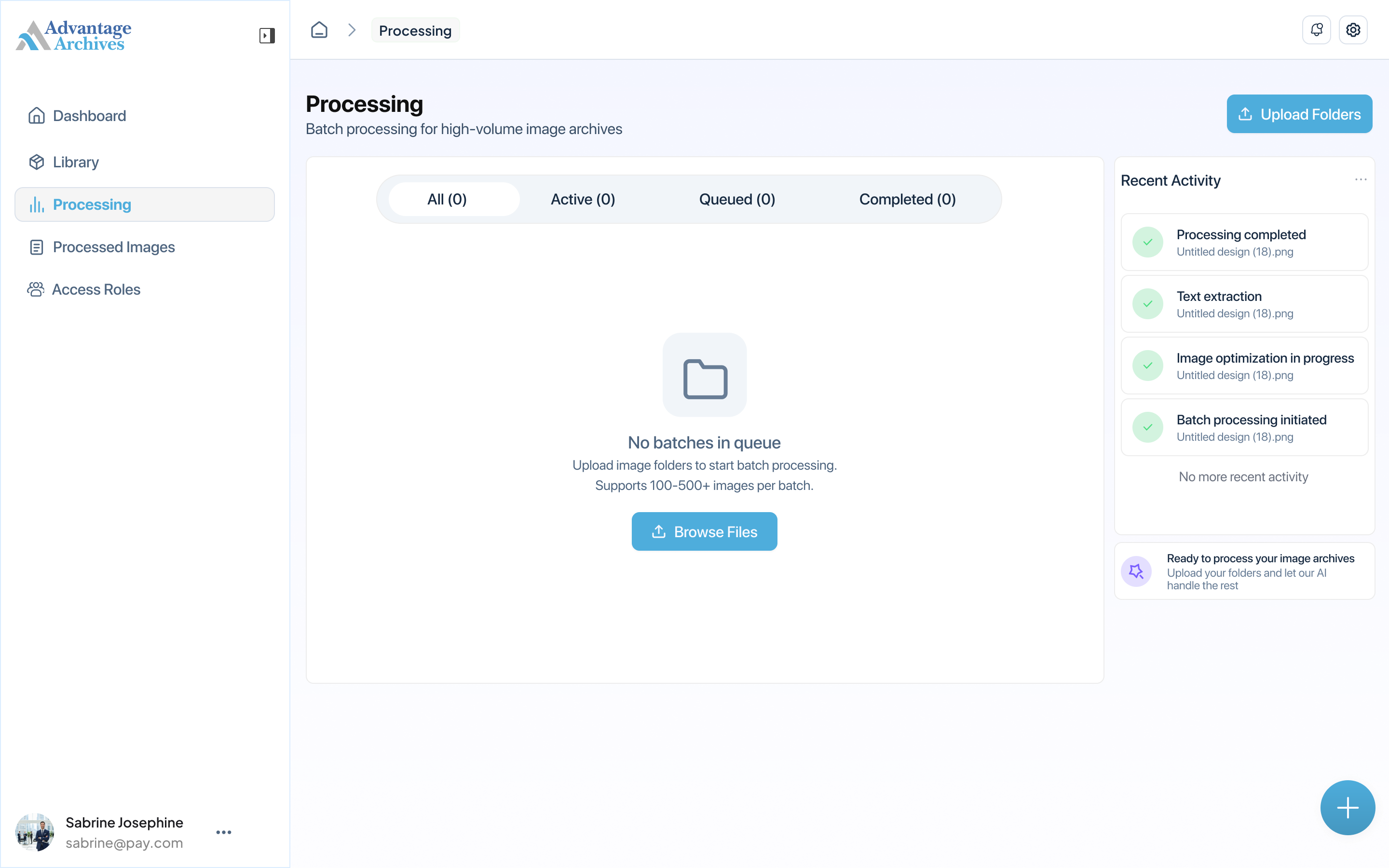 Batch upload — the queue accepts whole folders of scans at once.