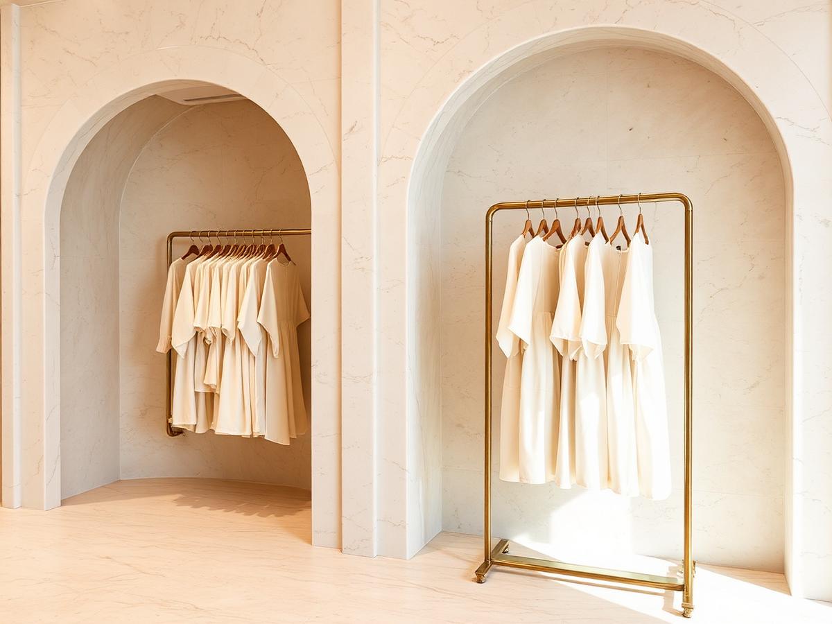 Boutique interior with soft daylight and hanging silks